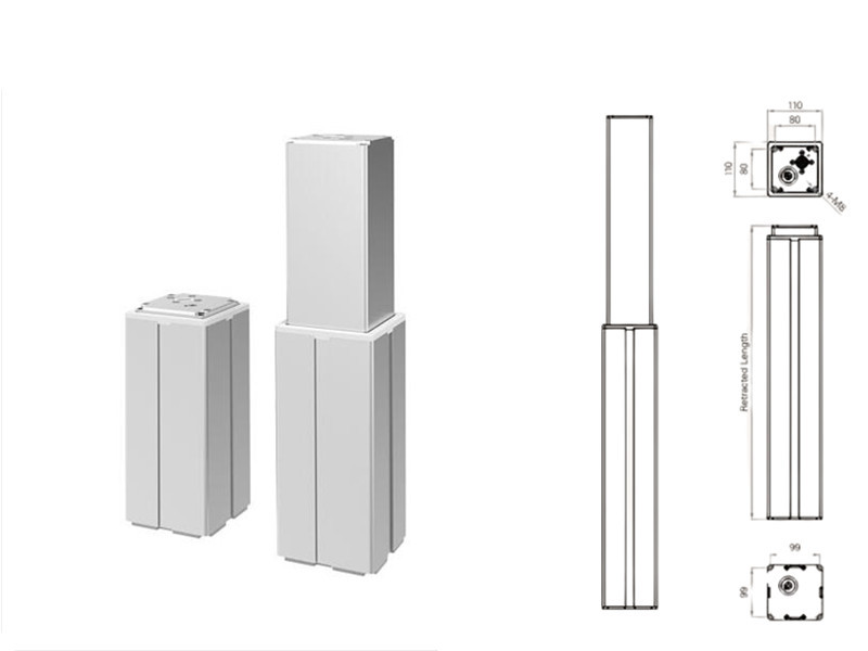 2-Stage Telescopic Pillars Actuators DC Motor Stroke 100~600mm Aluminum Columns